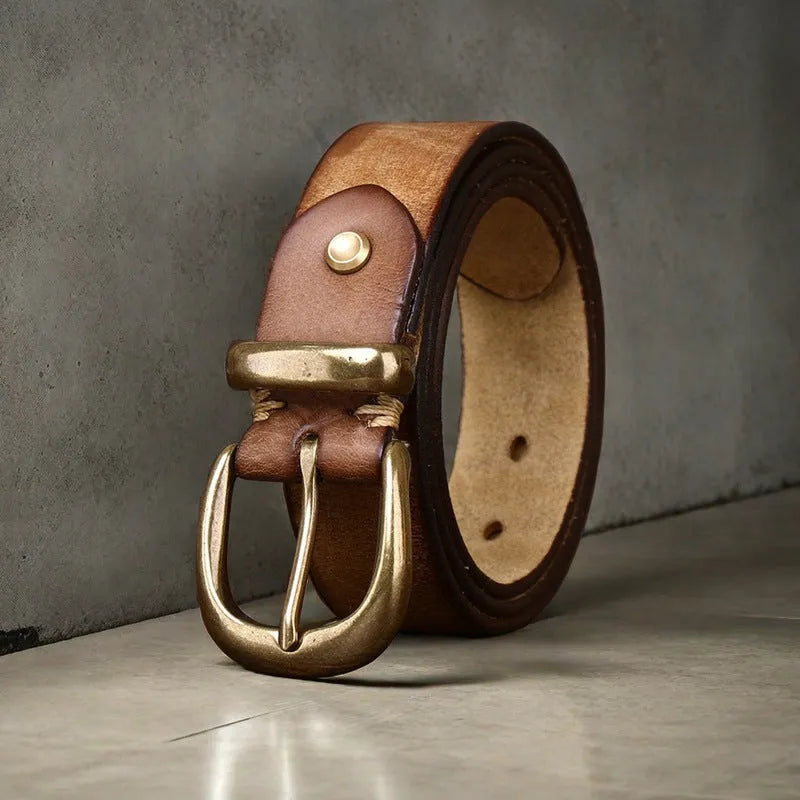 Men's genuine cowhide leather belt with copper pin buckle in black, brown, or khaki.