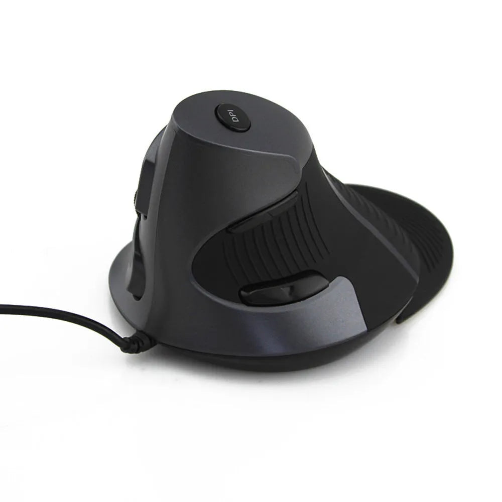 Black ergonomic vertical computer mouse with rat-sized design and USB cable