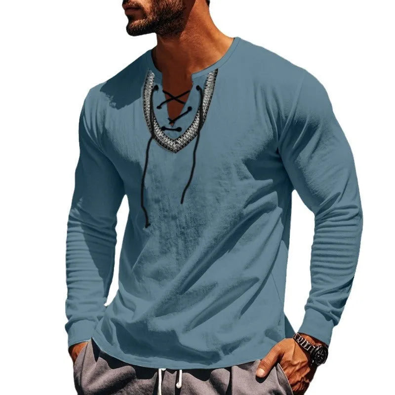 Men's cotton blend pullover shirt in retro ethnic colour block, navy blue colour, loose fit, long sleeves