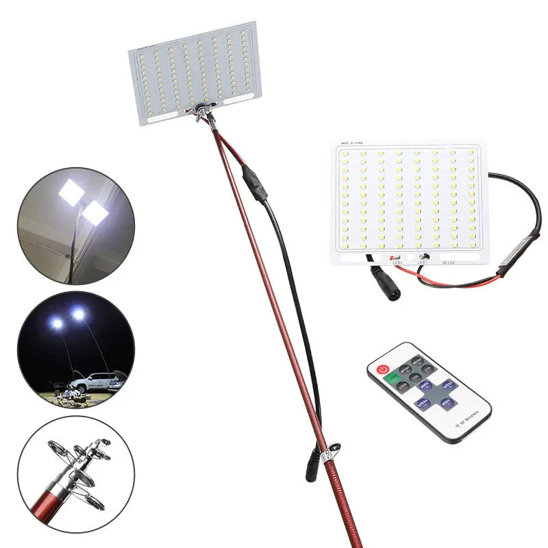 White LED fishing rod light unit on a tall telescopic pole with a remote control, for outdoor night use.