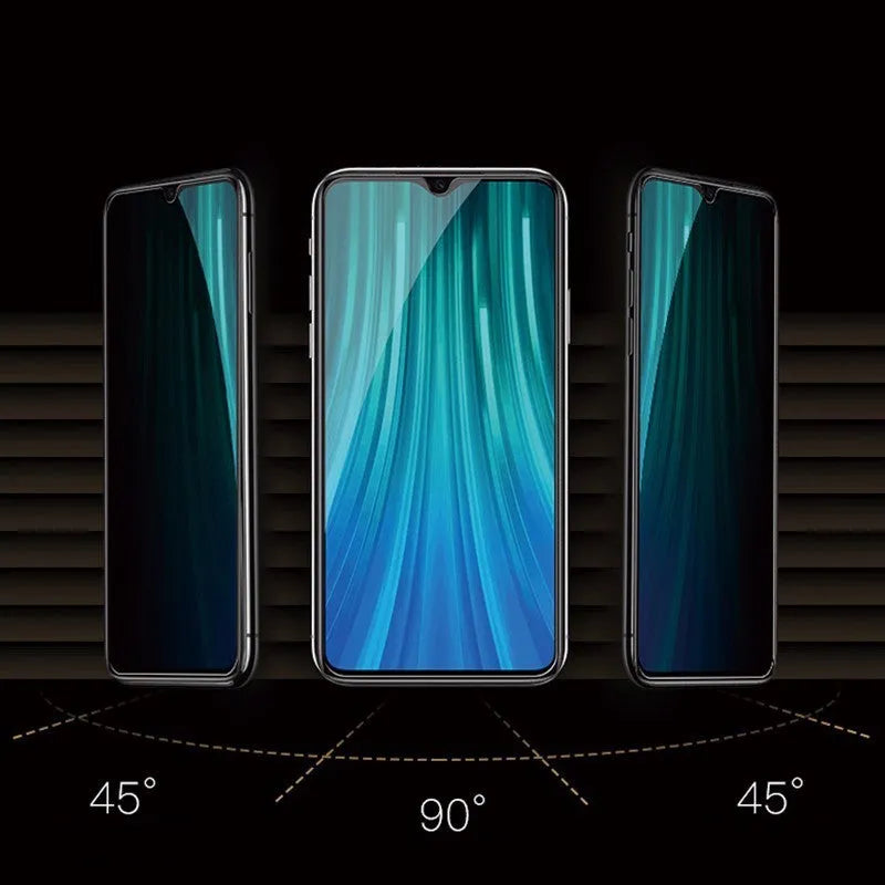 Anti-spy tempered glass screen protector for Poco and Redmi Note mobile phones on a table.