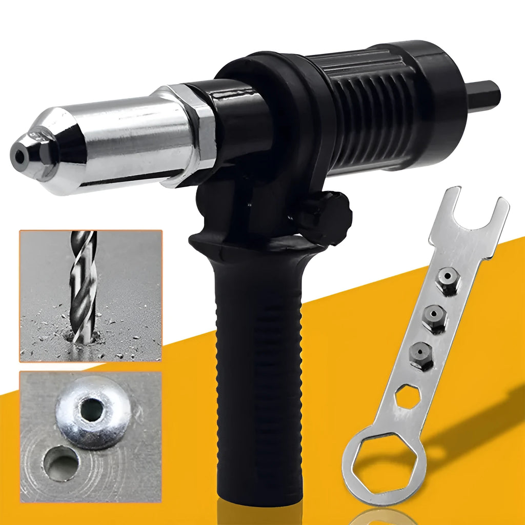 Black metal electric rivet gun 173mm long with alloy steel forged head and three-jaw chuck