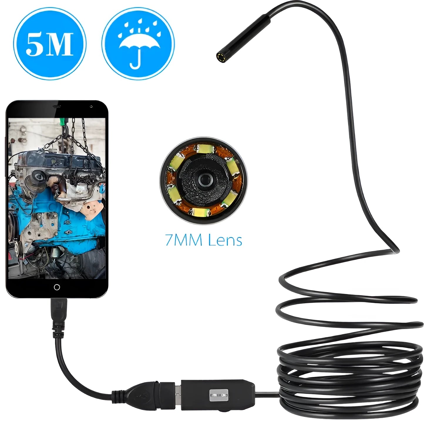 OWSOO USB endoscope camera with 5m cable, 6 LED lights, and attachments including a hook and magnet