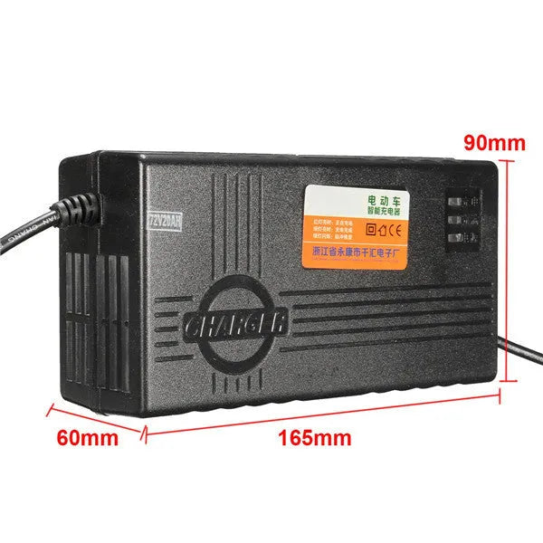 Black 72V20AH electric car charger for lead-acid batteries showing AU, EU, US plug options