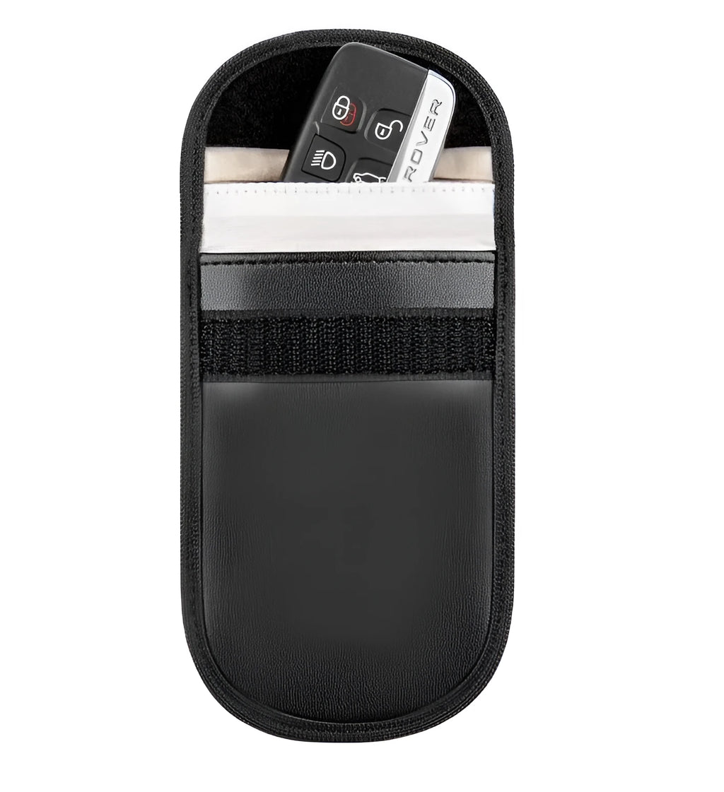 Black microfiber RFID signal blocker bag for phones and cards measuring 13.5 by 9.5 centimetres
