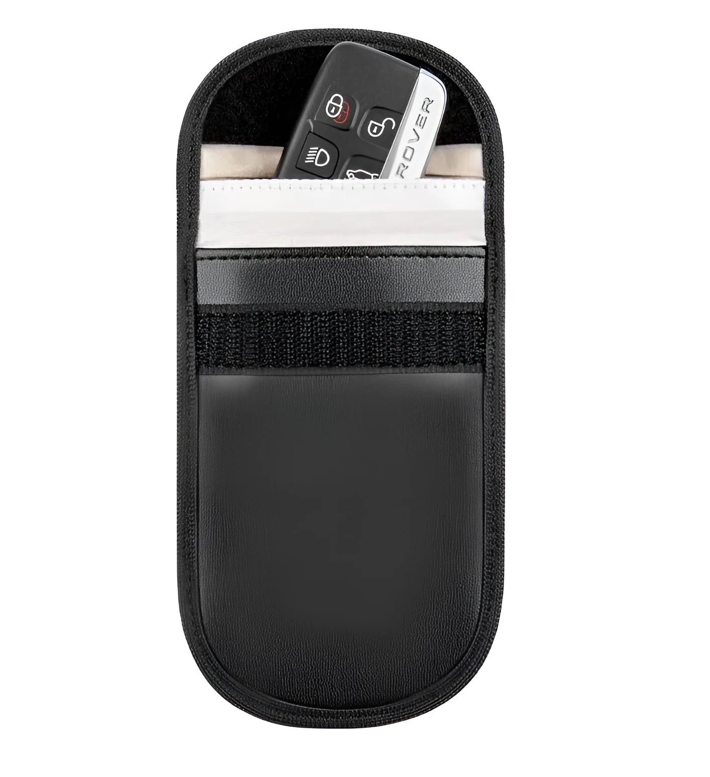 Black microfiber RFID signal blocker bag for phones and cards measuring 13.5 by 9.5 centimetres