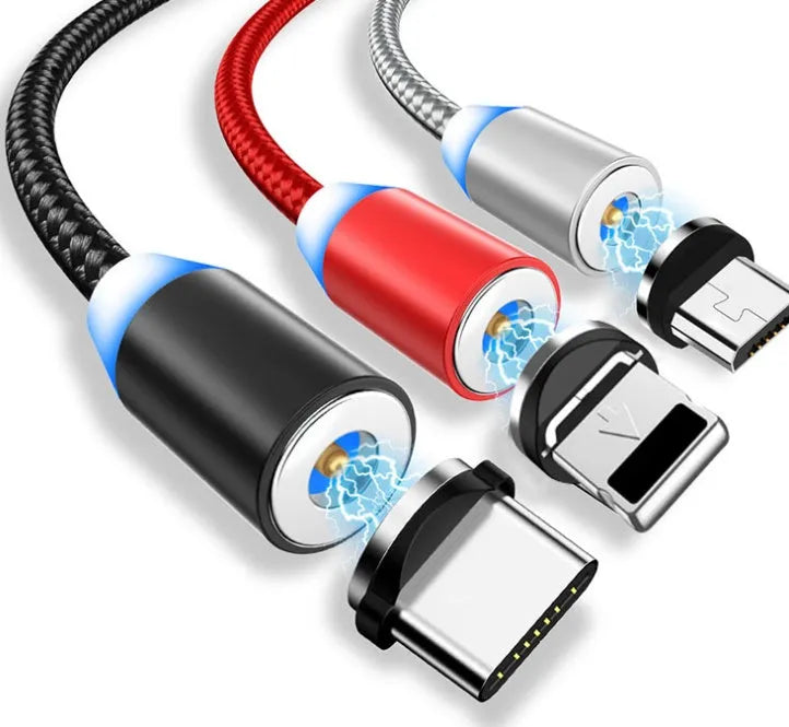 Black braided magnetic USB charging cable with LED light and aluminium connector.