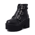 Black women's Harajuku punk ankle boots with bat buckle, thick heel, and side zip.