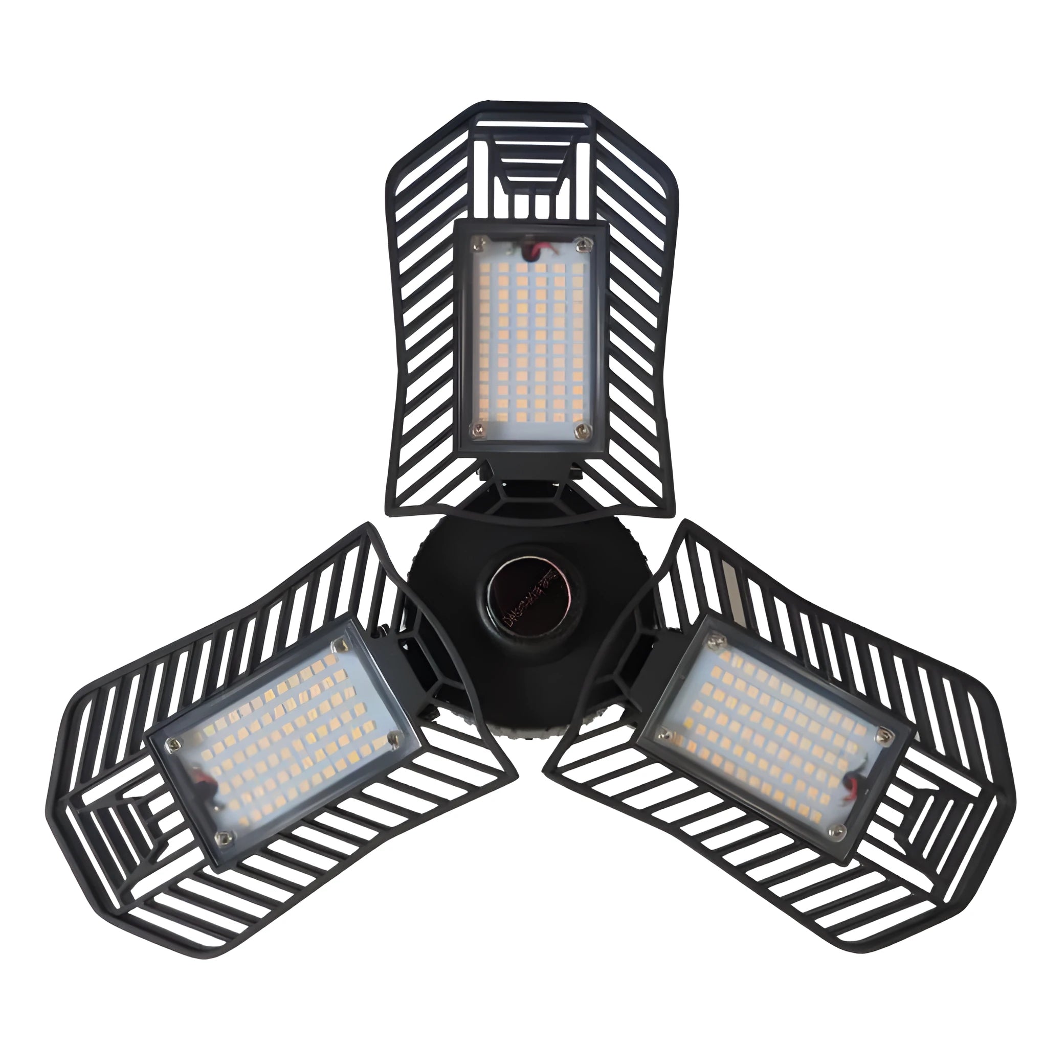 Foldable silver die-cast aluminium industrial LED lamp with a wide-angle lens for garage lighting.