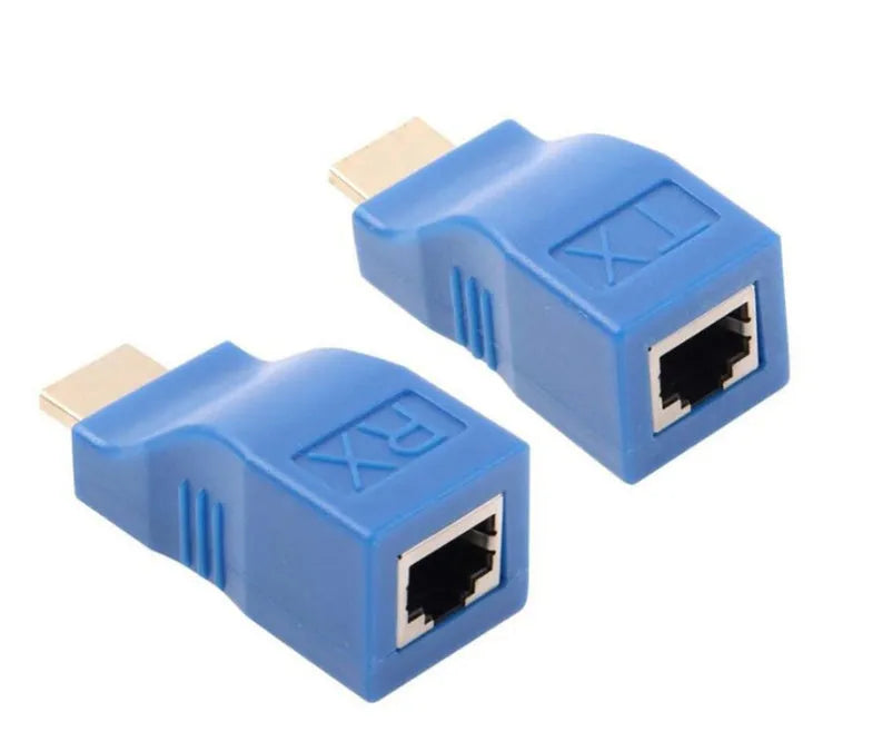 HDMI extender transmitter and receiver pair for signal extension over CAT-5e/6 cable up to 30 metres.