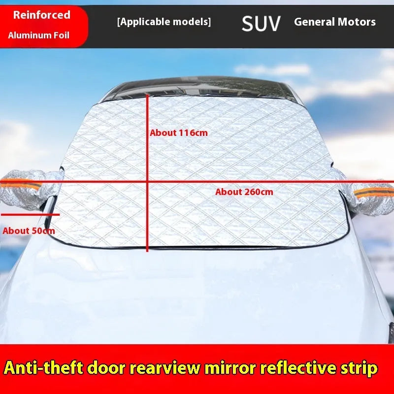 Large luxury SUV front windshield winter cover made of aluminium foil with edge reflective stripes.