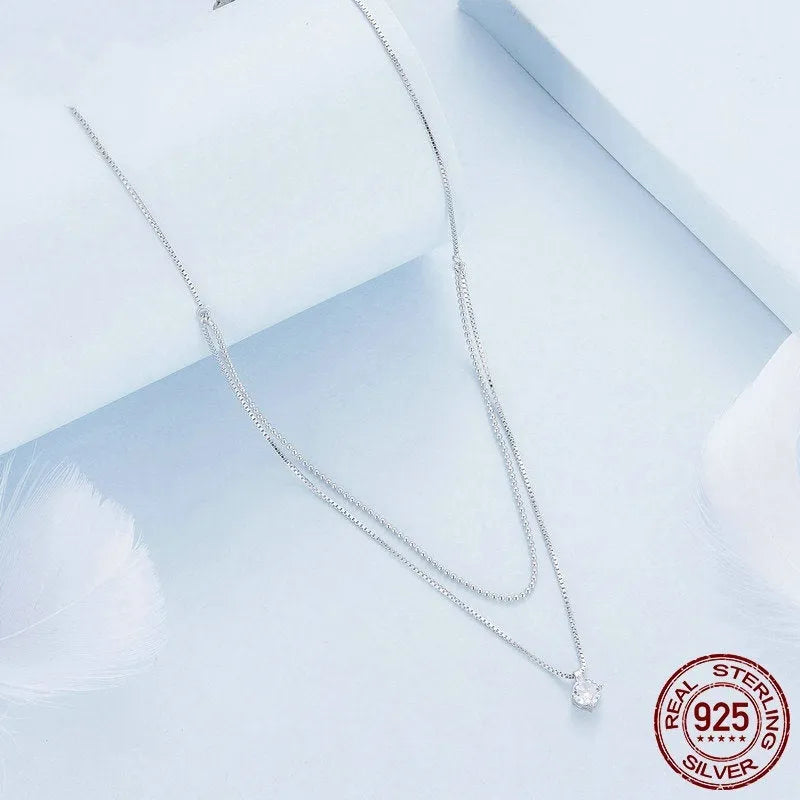 Women's double-layer silver necklace with 925 sterling silver pendant and pearl chain design
