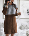 Brown women's polar fleece cotton princess dress with collage stitching and long sleeves