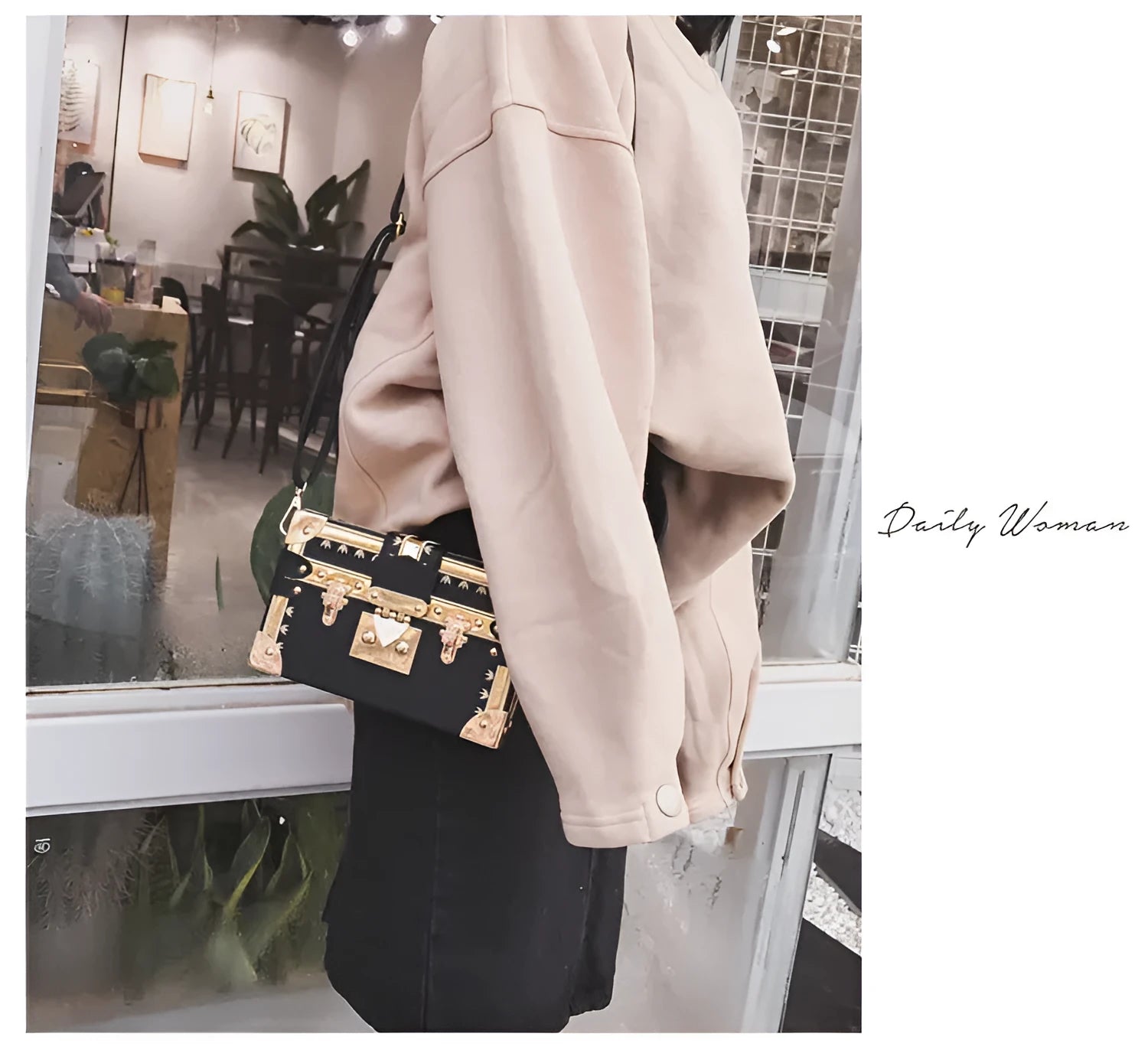 Hard PU leather women's flap handbag with single adjustable shoulder strap in black or green