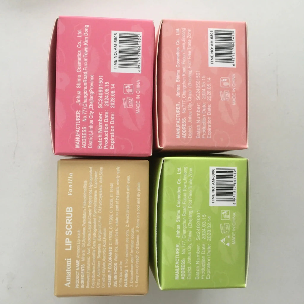 Amatoni lip scrub pot with fruit flavours including coconut, raspberry, vanilla, and watermelon