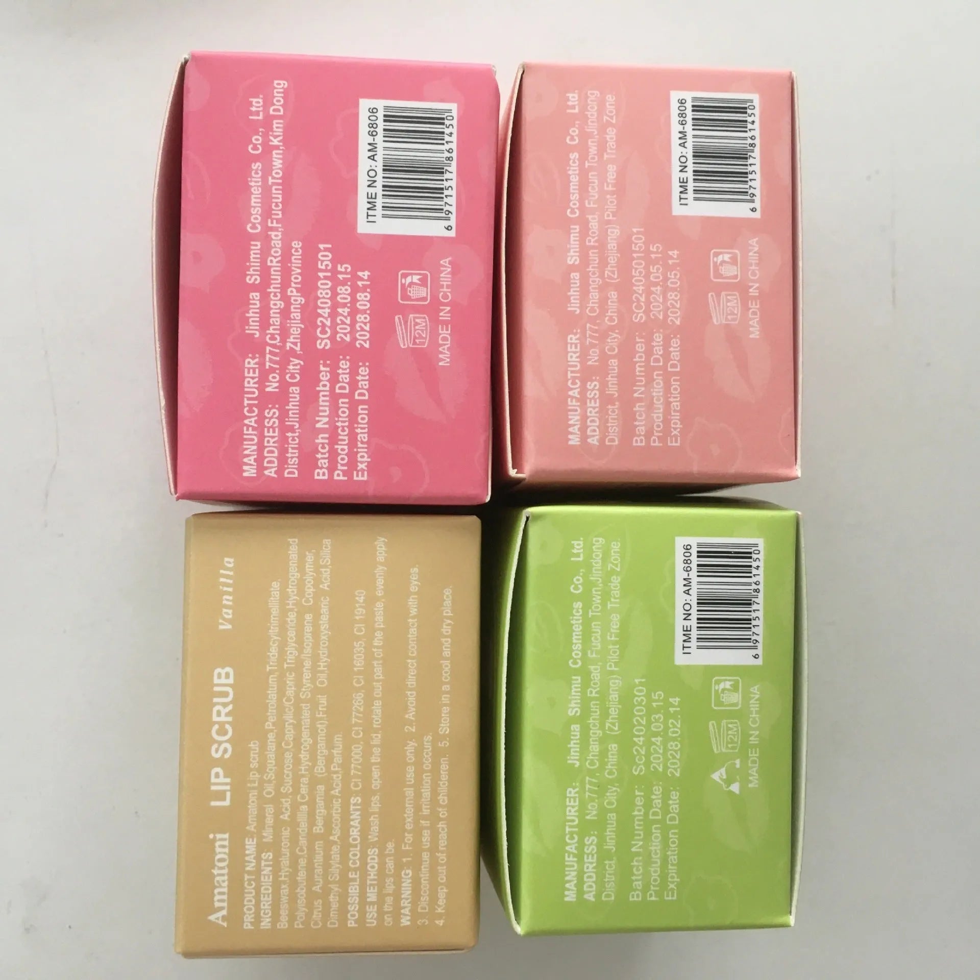 Amatoni lip scrub pot with fruit flavours including coconut, raspberry, vanilla, and watermelon