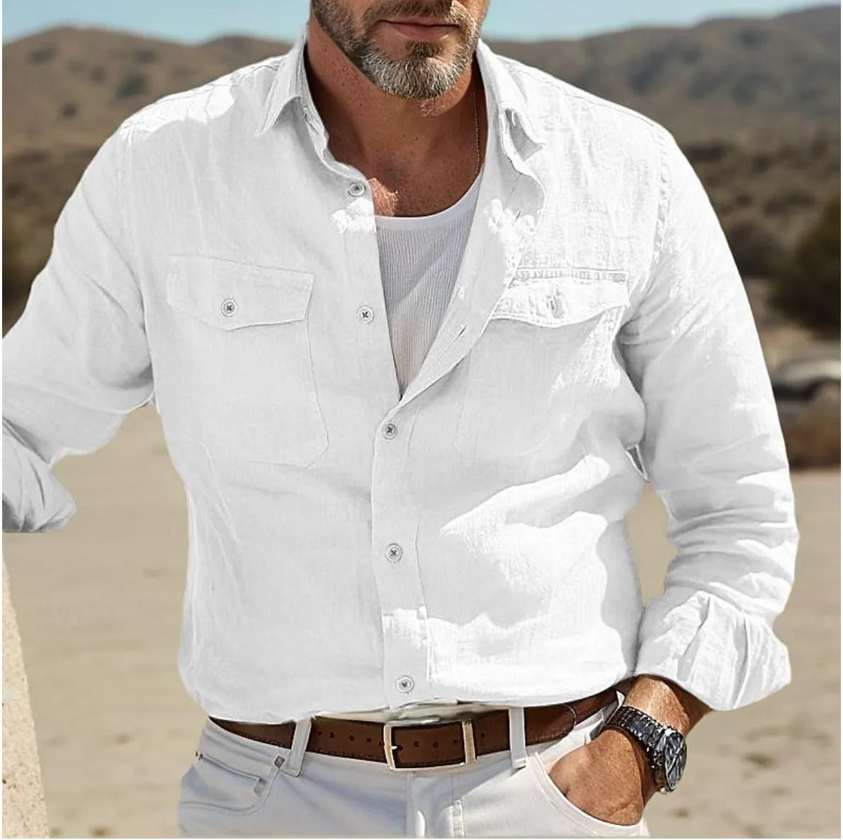 Men's long-sleeved loose fit shirt in a cotton linen blend, shown in green, sky blue, khaki, and white colour options.