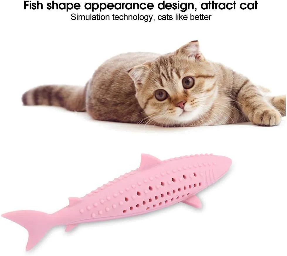 Silicone fish-shaped cat chew toy in green with breathable side holes for catnip