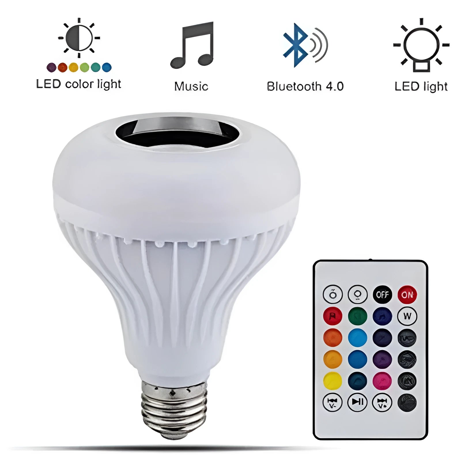 White smart LED bulb with E27 base featuring Bluetooth speaker and remote for colour control.
