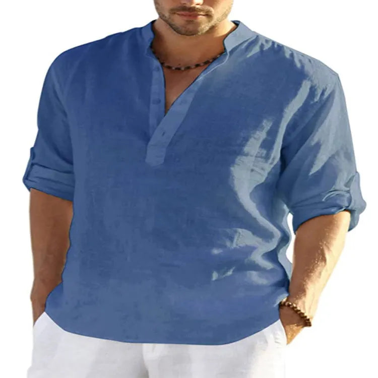 Men's casual cotton linen shirt with stand collar and button-down front in solid colour