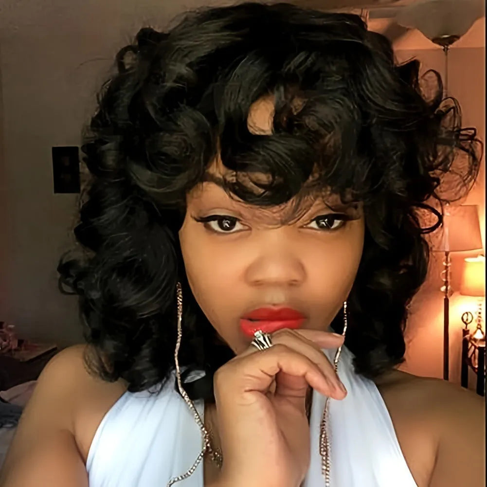 Black synthetic Afro wig with long curly texture measuring 30cm, heat resistant fibres