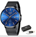 Men's stainless steel watch with 40mm case showing all black, all blue and black blue colour options