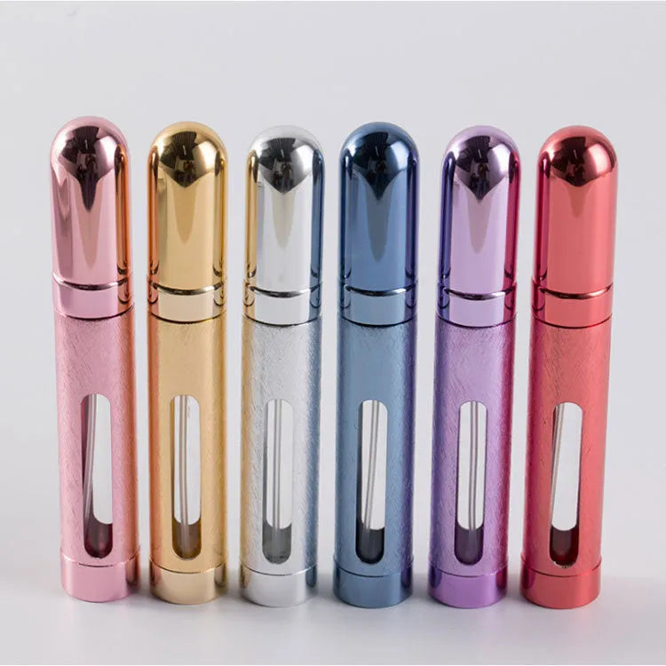 Slim 12ml aluminium travel perfume bottle in six colour options: blue, gold, pink, red, silver, violet.