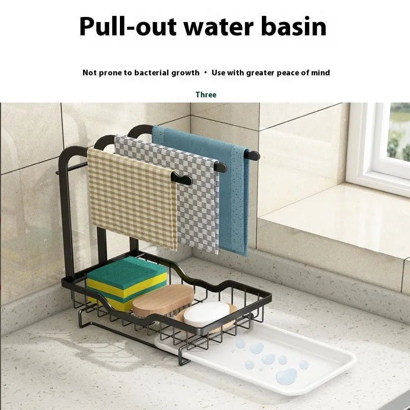 Foldable white plastic kitchen draining rack in a Chinese style, shown both wall-mounted and on a countertop.