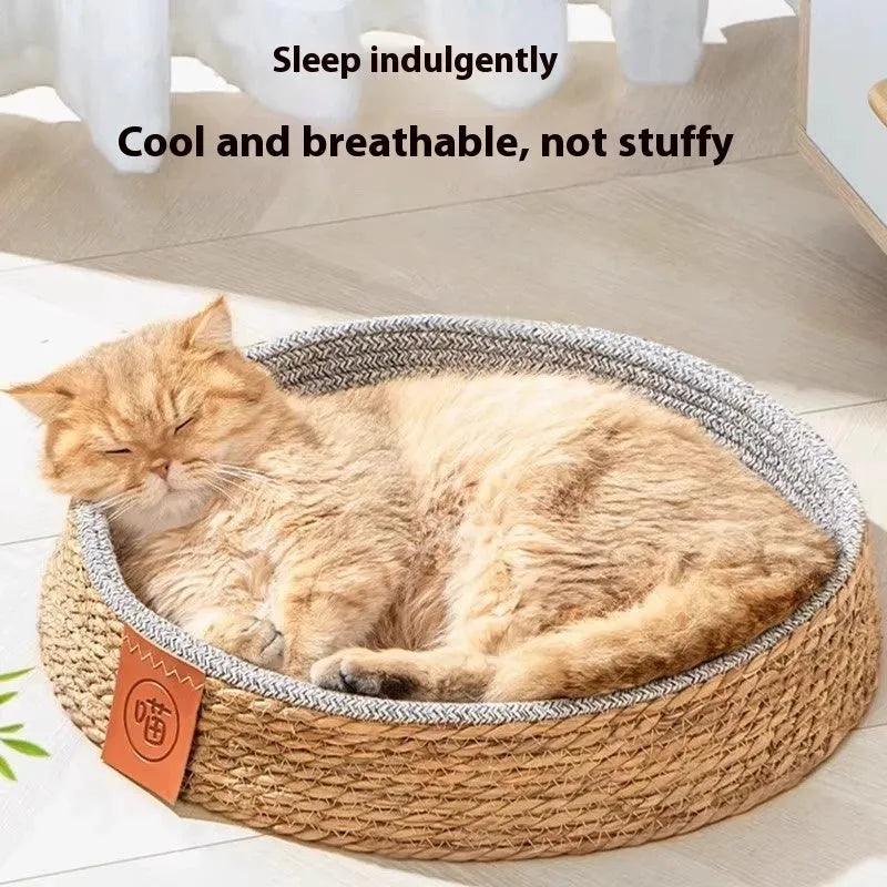 A natural woven rattan cat bed basket, shown in a single size, suitable for indoor use as a pet nest.