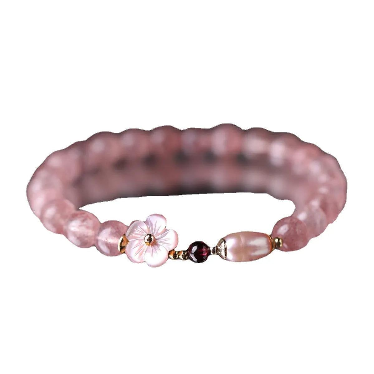 Strawberry quartz peach blossom bracelet with crystal flower design and adjustable fastening