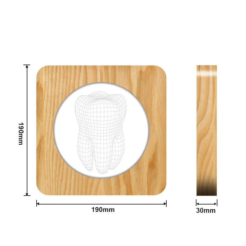 Tooth shaped wooden colour acrylic USB night lamp measuring 19cm square