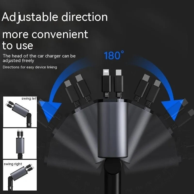 Automatic retractable car charger with 120W output showing retracted cable and cigarette lighter plug