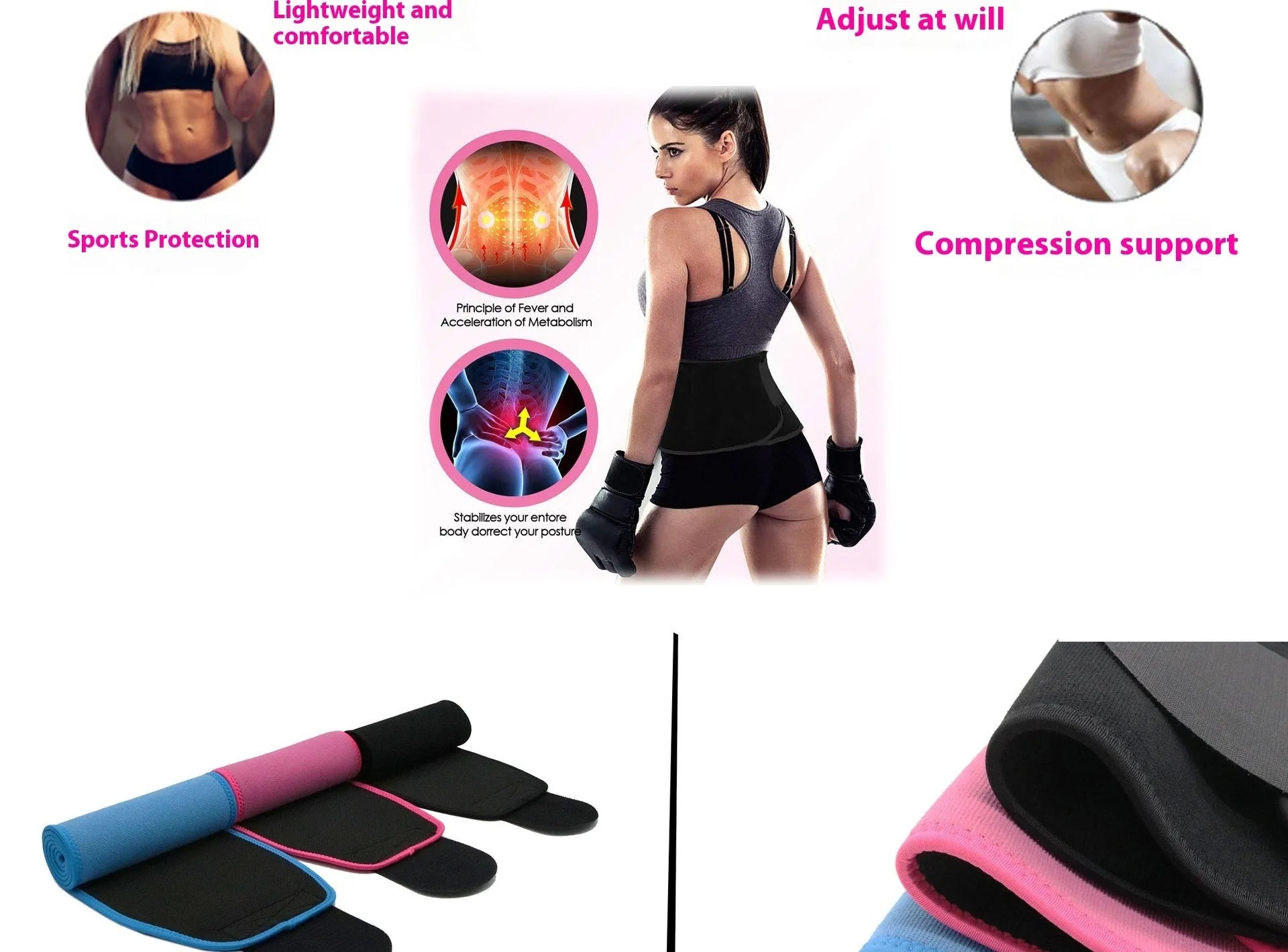 Neoprene lumbar support belt for fitness and running in black, blue, or pink colour