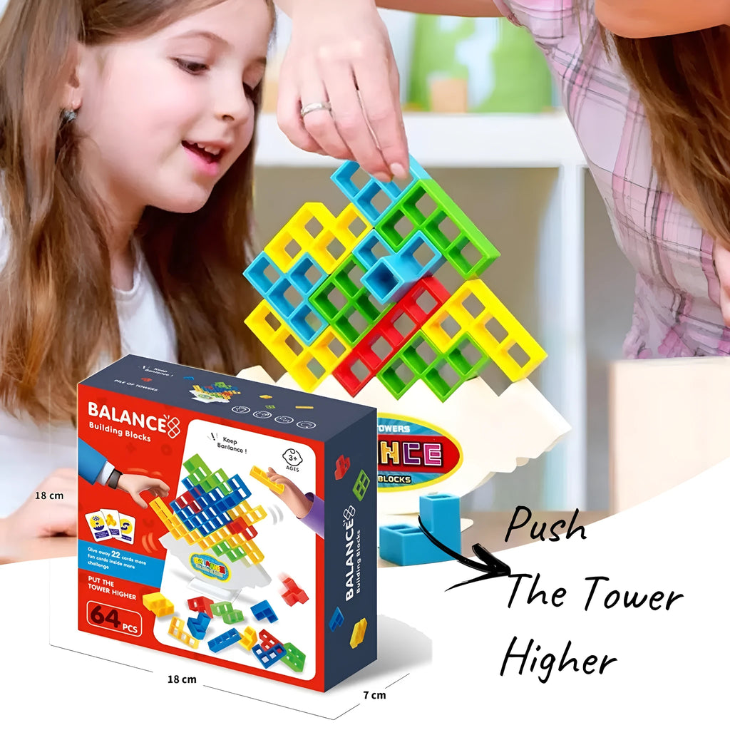 Plastic balance stacking board game with 16 colourful building blocks, a chassis, and a base on a flat surface.