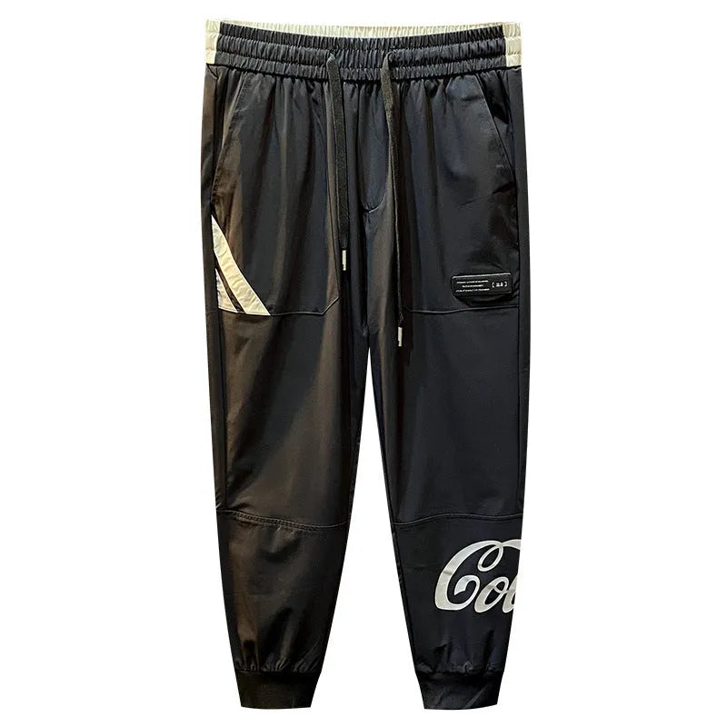 Black men's casual cropped trousers with an ankle band, made from ultra-thin ice silk cotton fabric.