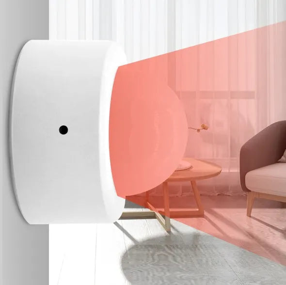 White infrared body sensor with 33mm by 28mm dimensions for home security using ZigBee 3.0 connectivity