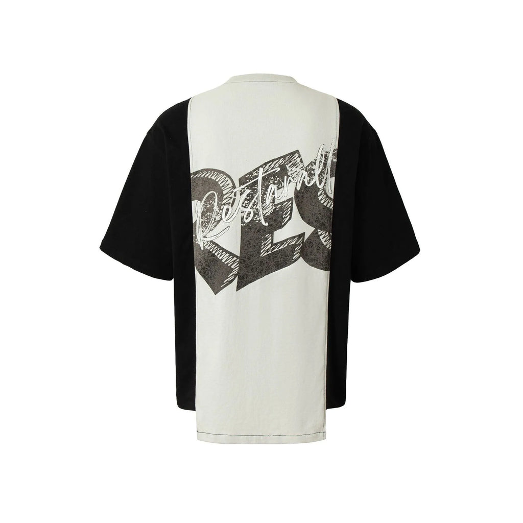 Black and white broken collage print on a loose-fit cotton blend t-shirt.