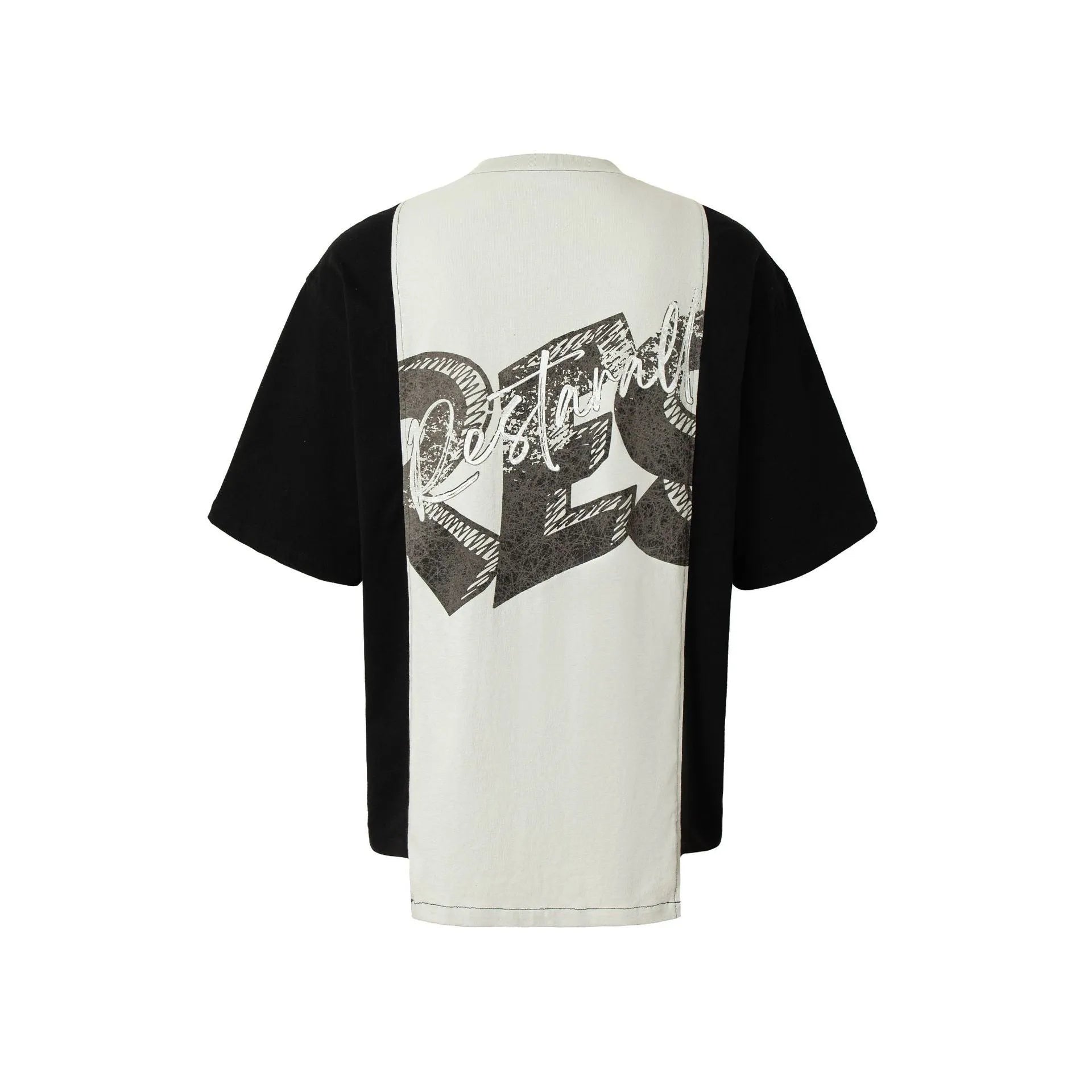 Black and white broken collage print on a loose-fit cotton blend t-shirt.