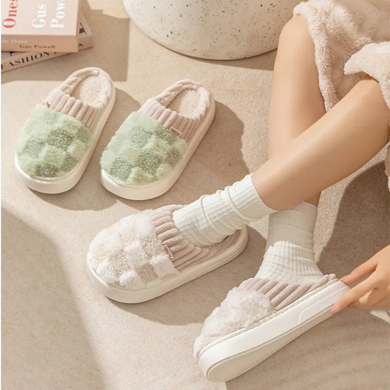 Women's plush coral velvet indoor slippers with a non-slip PVC sole, shown in various colours.
