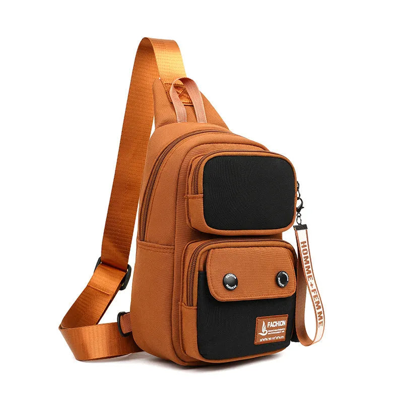 Nylon crossbody shoulder bag in black with contrast colour detailing and letter pattern