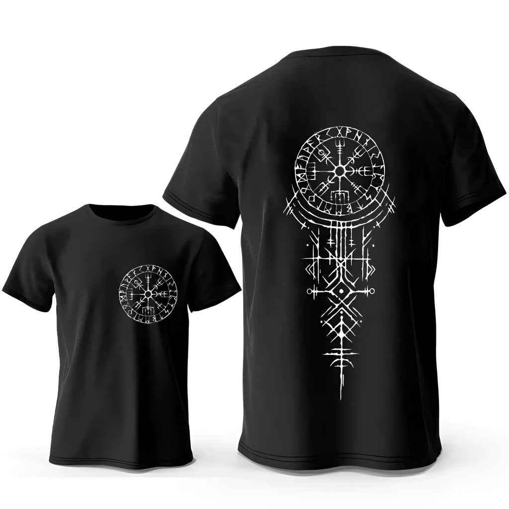 Men's grey T-shirt featuring a detailed Viking rune compass and smiling face graphic print on the chest.