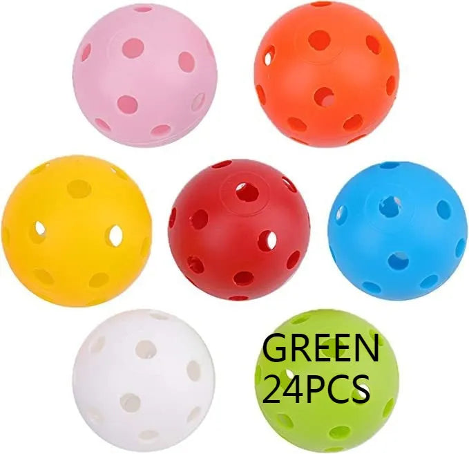Multi-colour golf practice balls with 26-hole design including red, orange, blue, green, white and yellow