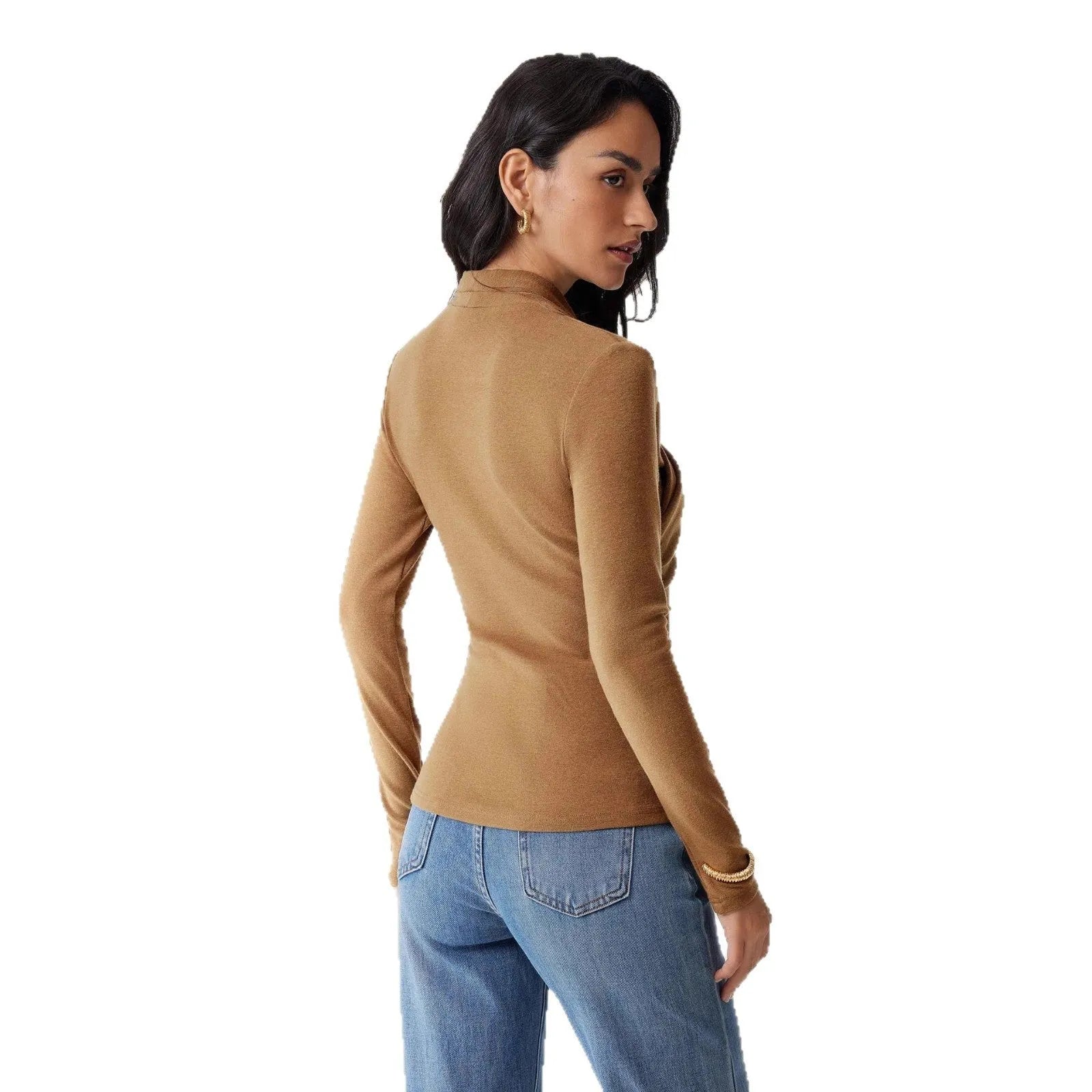 Women's camel colour slim fit pullover sweater with long sleeves on hanger