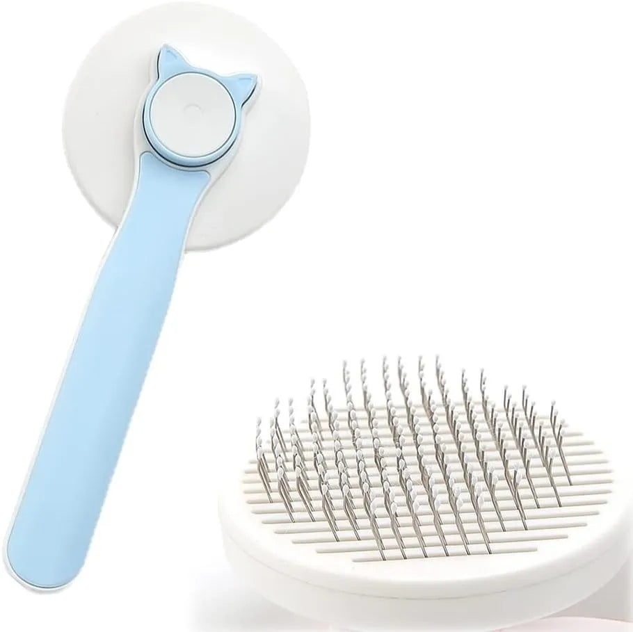 Blue self-cleaning cat grooming brush with rubber-tipped needles and a non-slip handle.