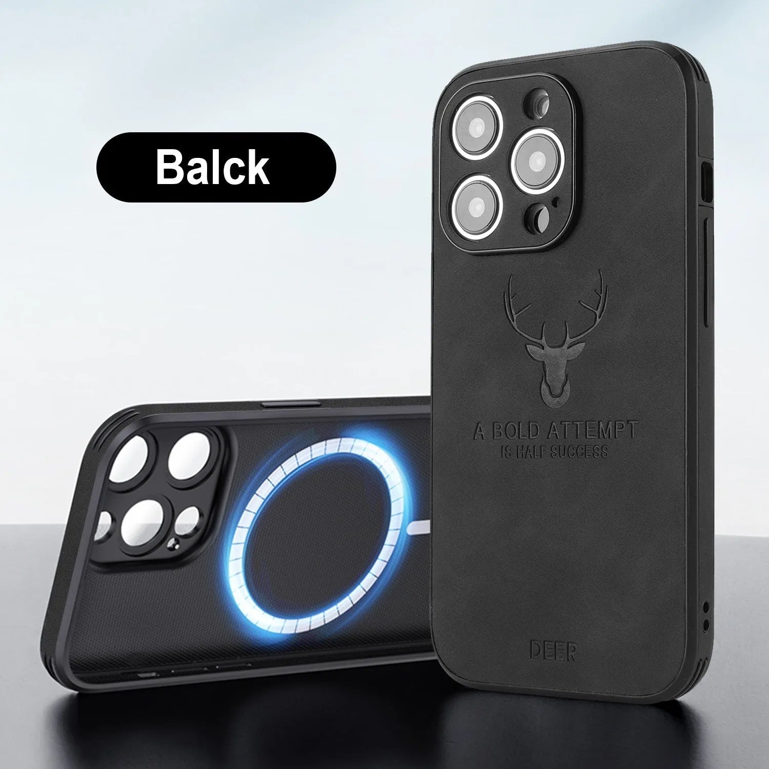 iPhone 16 magnetic charging case with embossed moose head design in imitation leather.