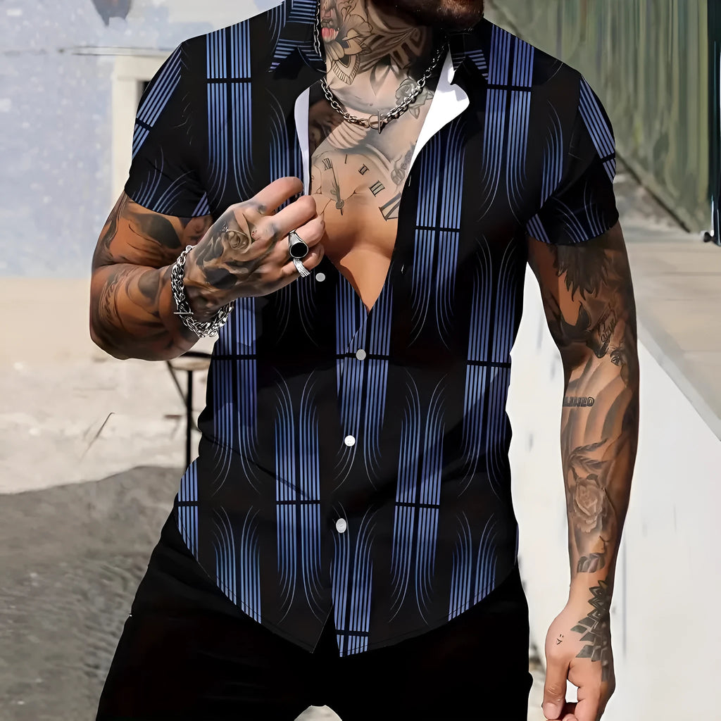 Men's geometric line pattern printed shirt with lapel collar and short sleeves in slim fit