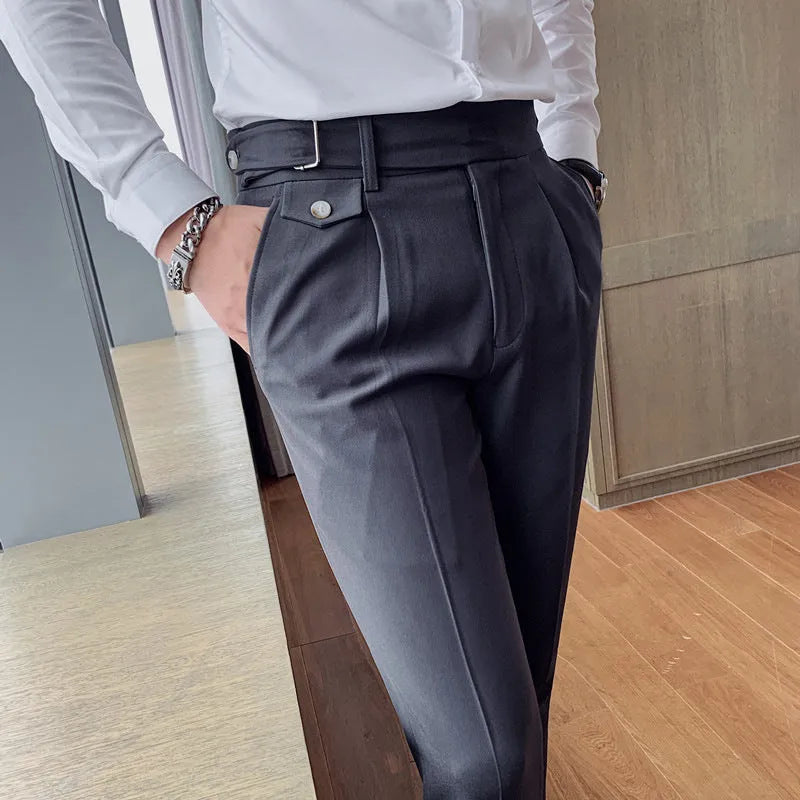 Straight leg casual trousers in solid colours with polyester fabric and waist sizes 29-36
