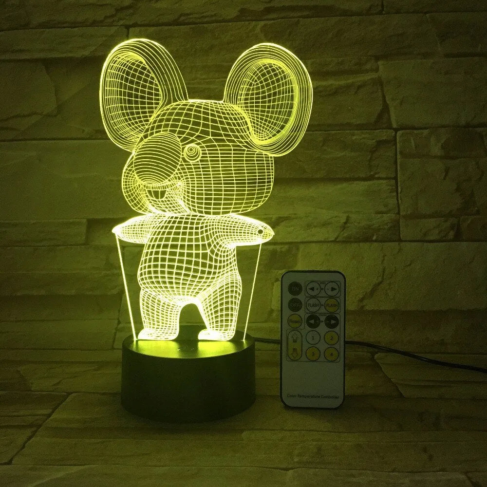 Koala-themed LED night light with touch or remote control, showing seven colour options on a compact base