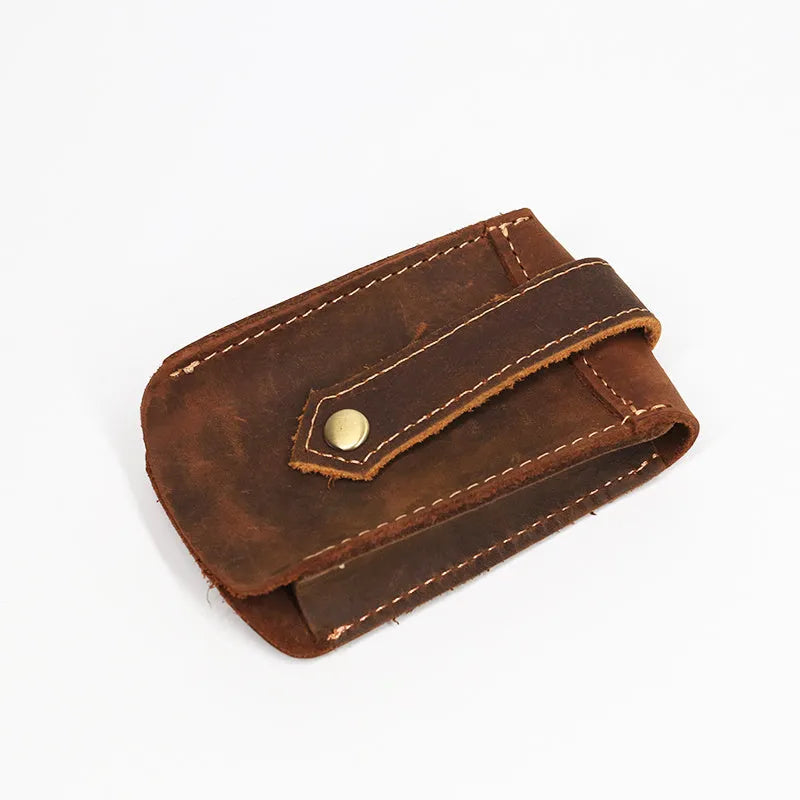 Crazy Horse leather key case in dark brown with keys inserted, measuring 7 cm by 11.5 cm