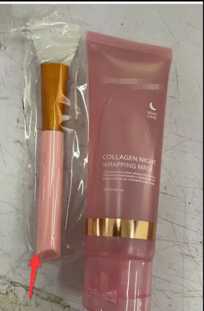 75ml collagen night face mask bottle with application brush for firming and hydration.